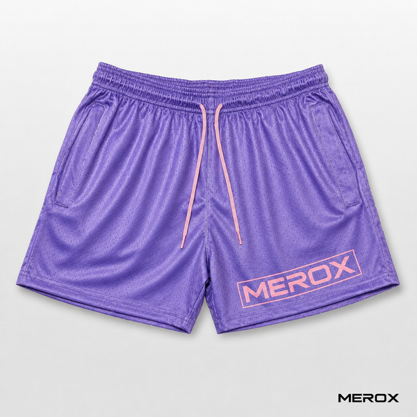MEROX purple 5-inch mesh shorts with pink drawstring front view