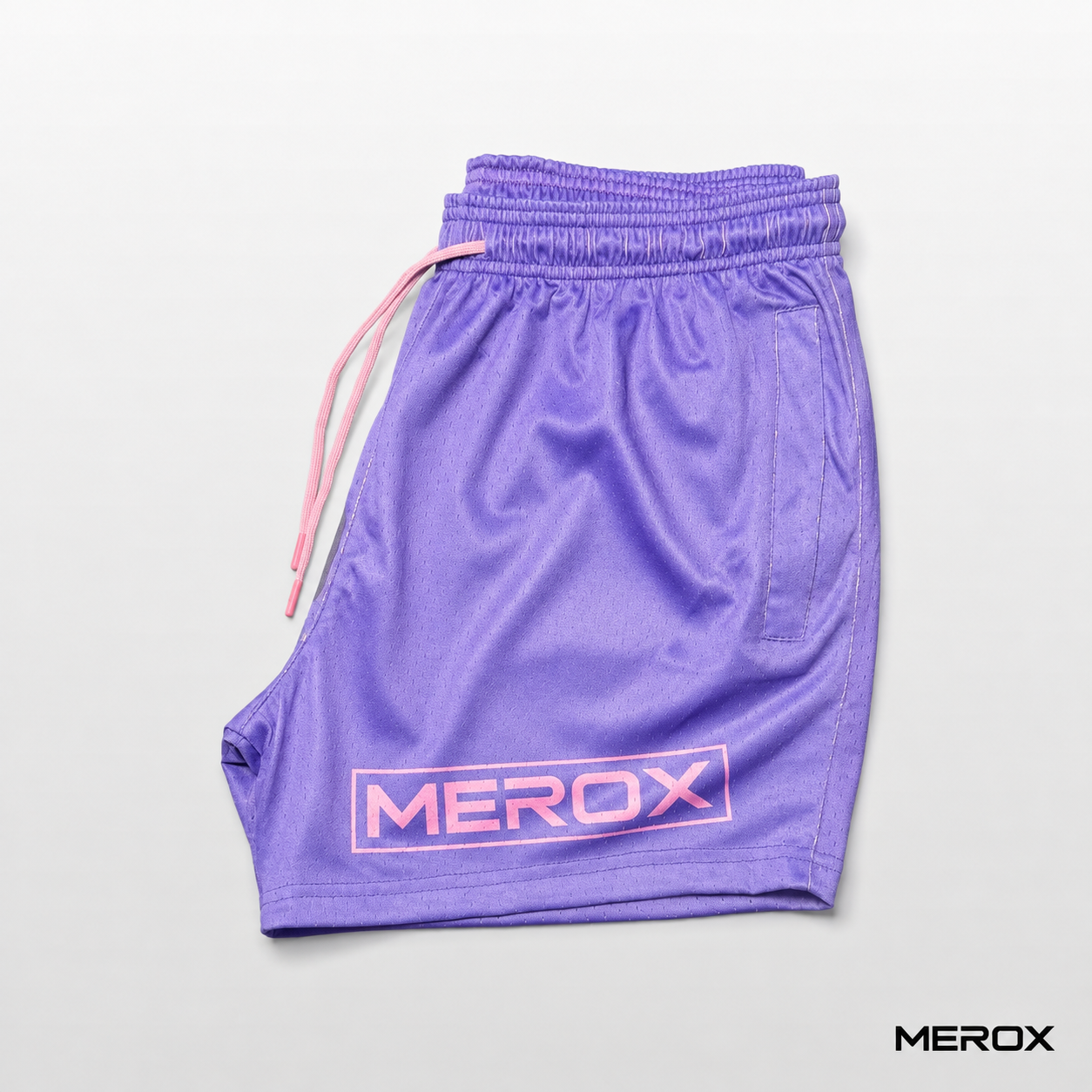 MEROX purple mesh shorts side view with pink logo