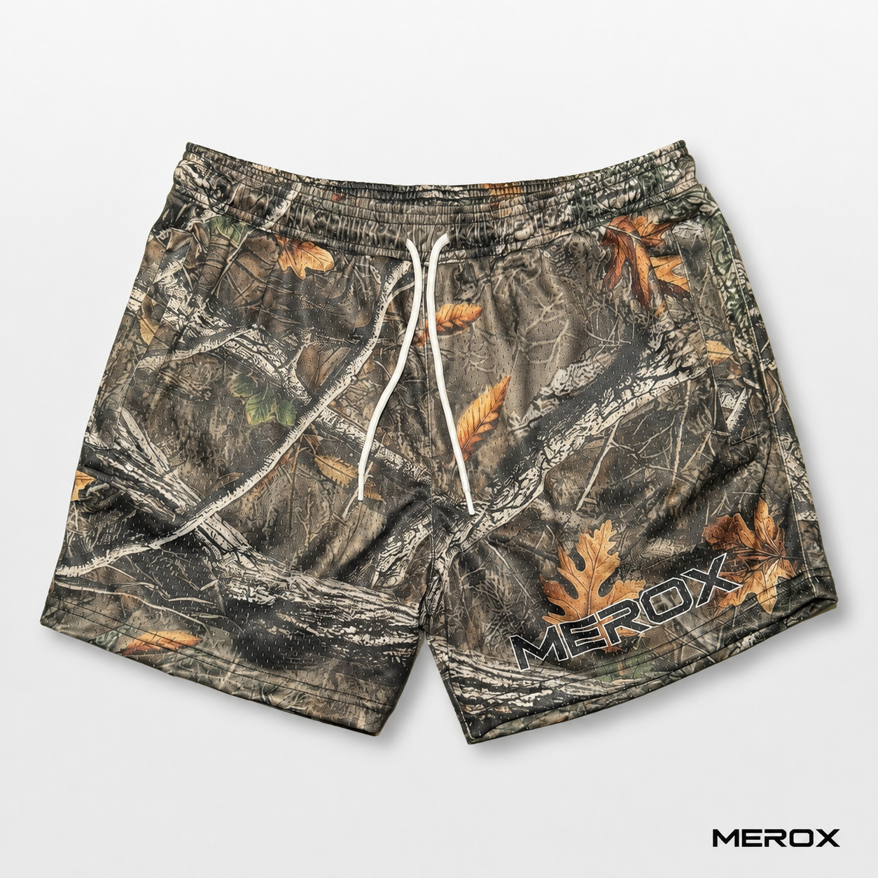 MEROX Realistic Camouflage 5-inch mesh shorts front view