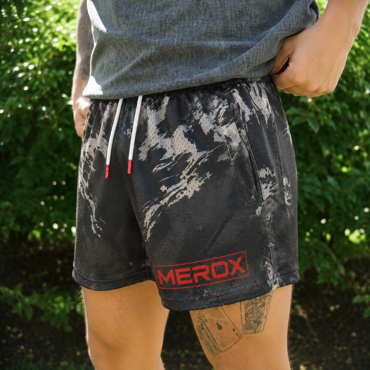 MEROX Scratch Camo mesh shorts lifestyle view