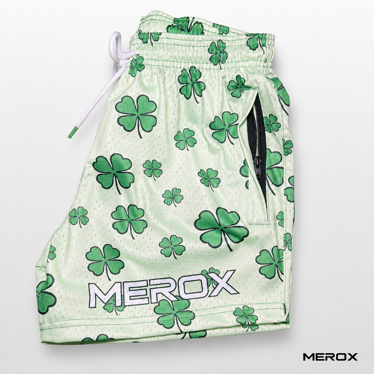 Zipper pocket detail on MEROX shamrock 5-inch mesh shorts