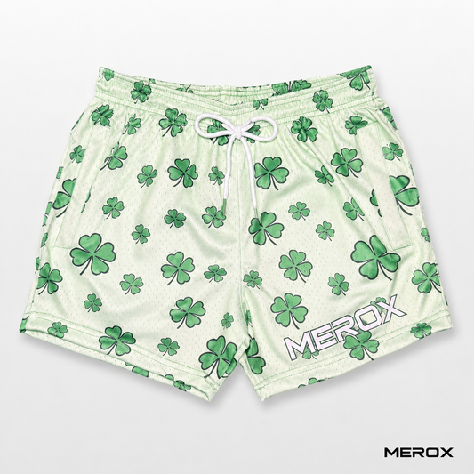 Front view of MEROX St. Patrick’s Day shamrock and four-leaf clover 5-inch mesh shorts