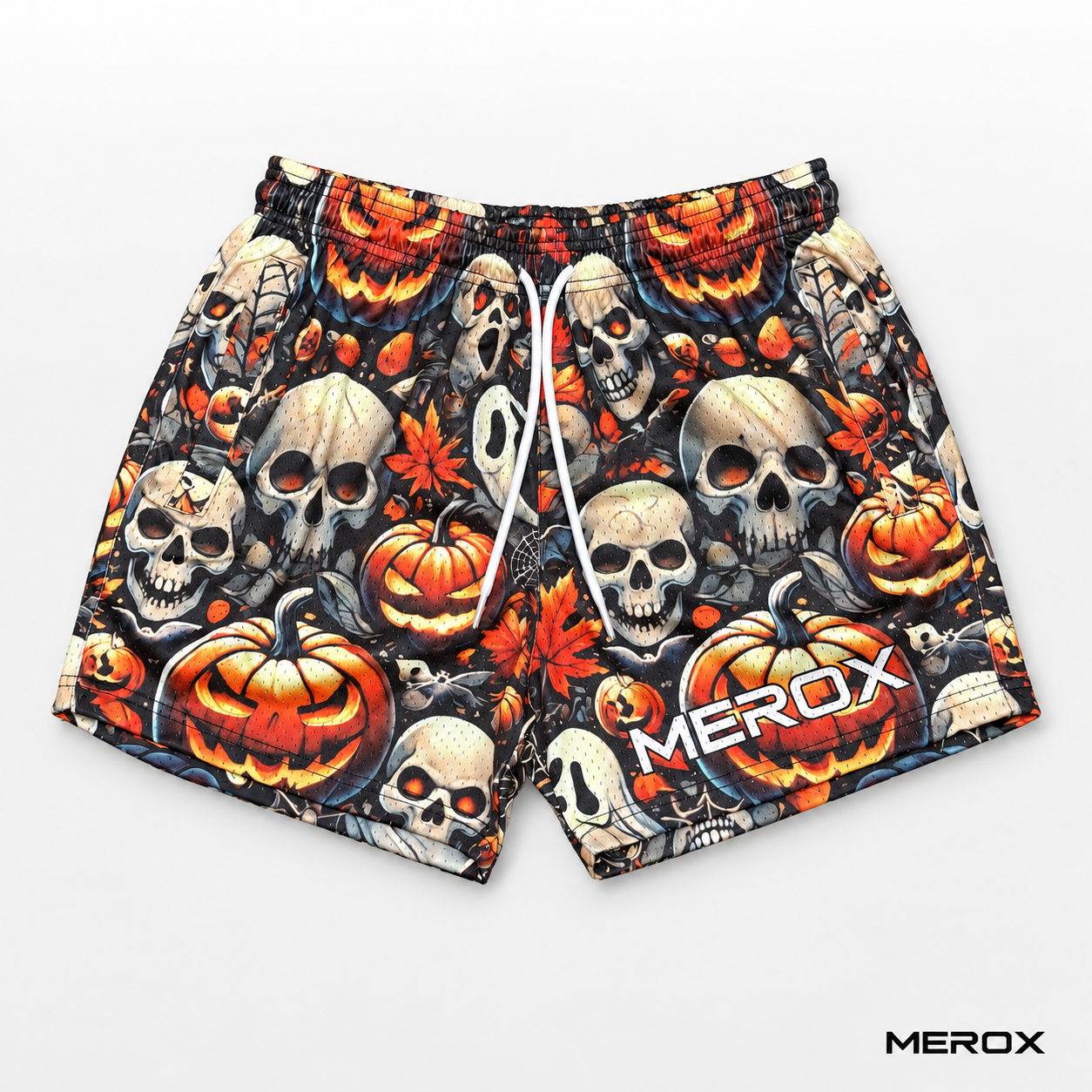 MEROX Skull and Jack-o'-Lantern 5-inch mesh shorts front view