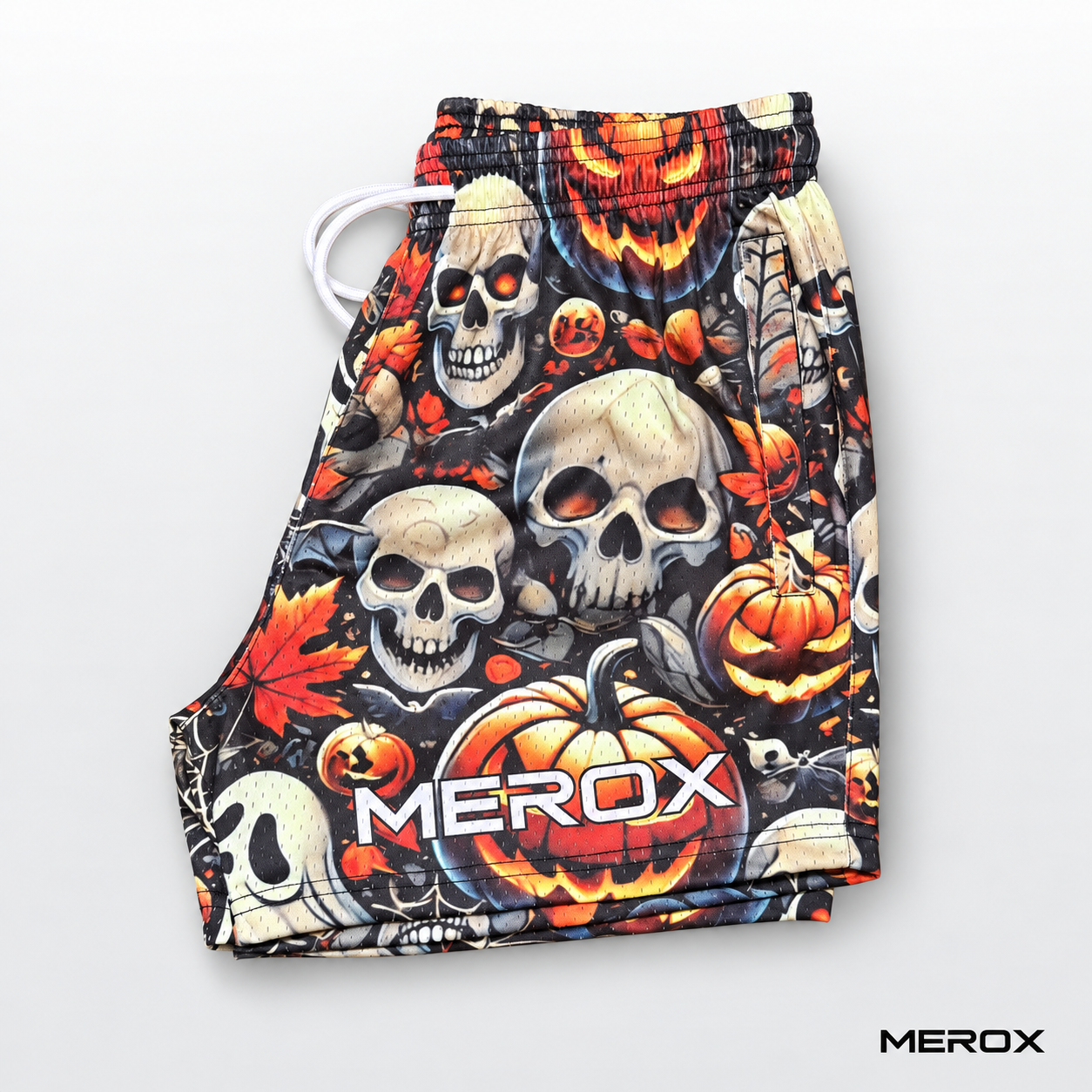 MEROX Skull and Jack-o'-Lantern mesh shorts side view with zipper pocket