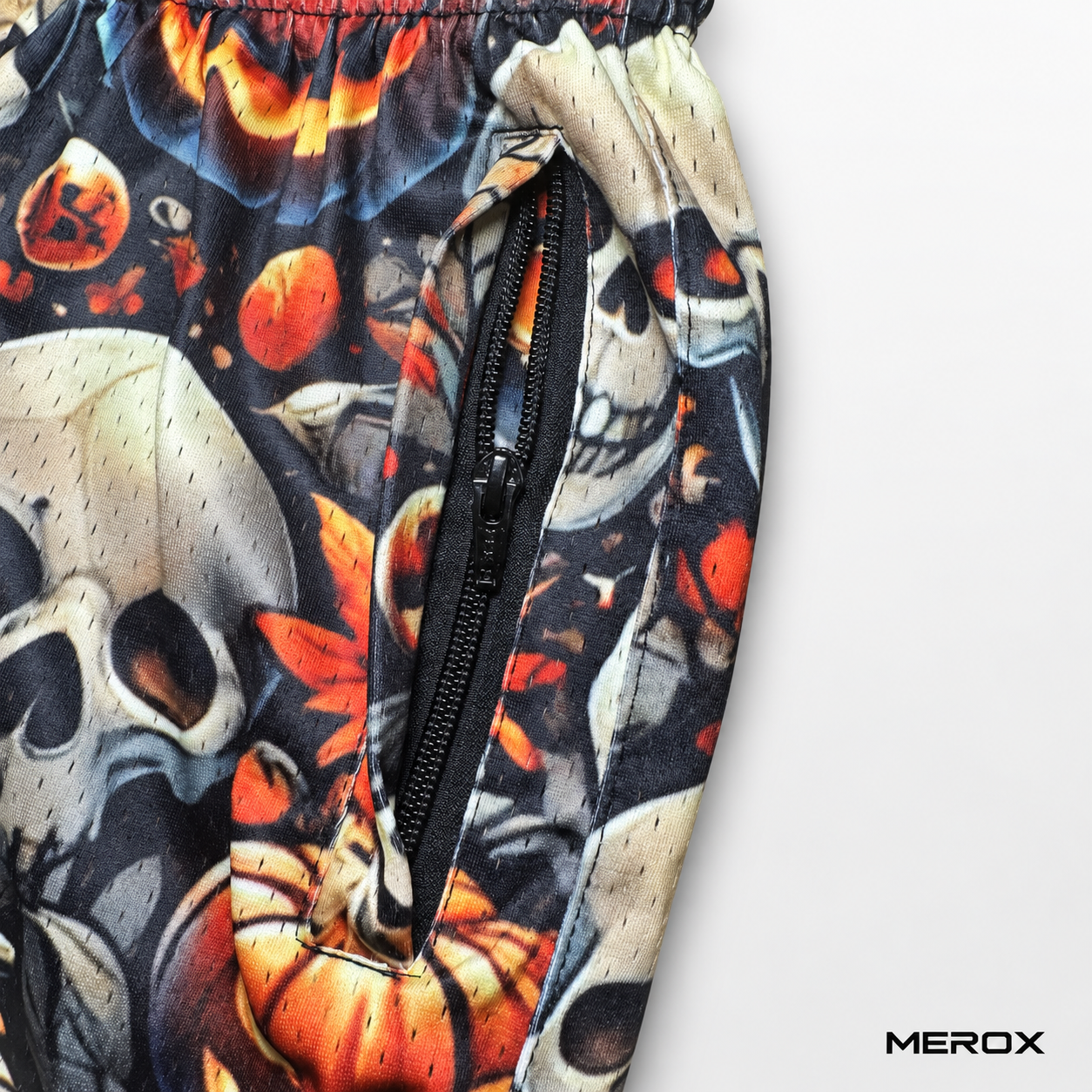 MEROX Skull and Jack-o'-Lantern mesh shorts zipper pocket detail