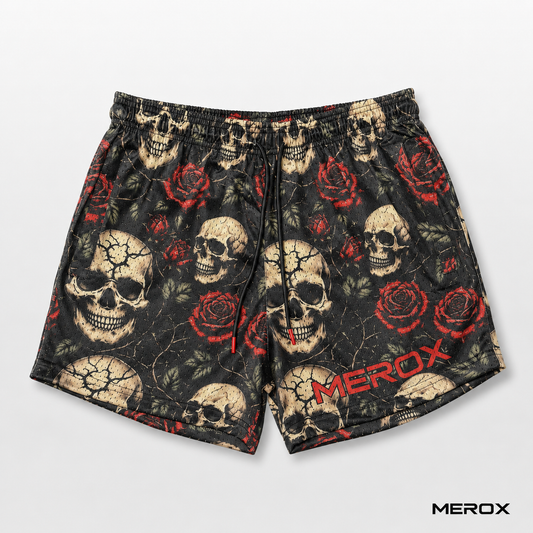 MEROX Skull and Roses 5-inch mesh shorts front view