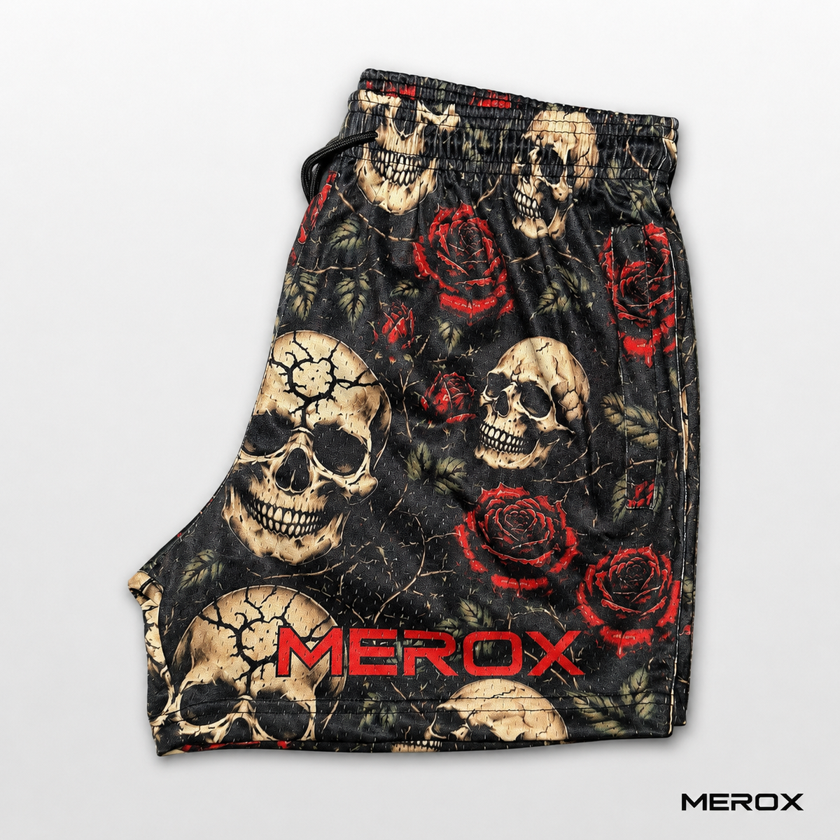 MEROX Skull and Roses mesh shorts side view with logo
