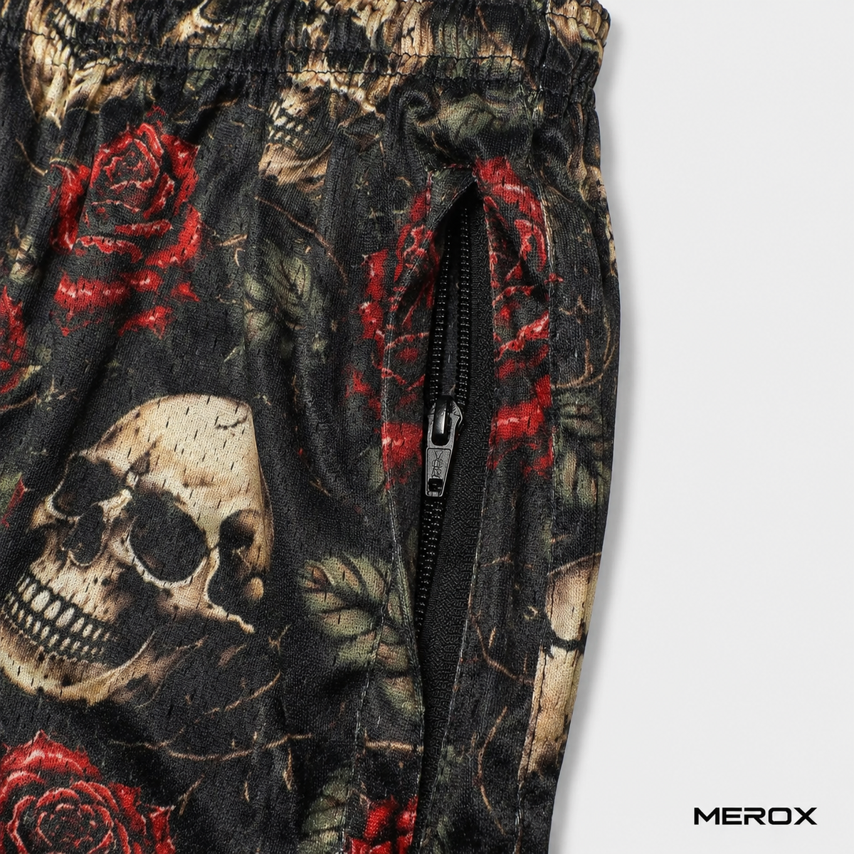 MEROX Skull and Roses mesh shorts zipper pocket detail