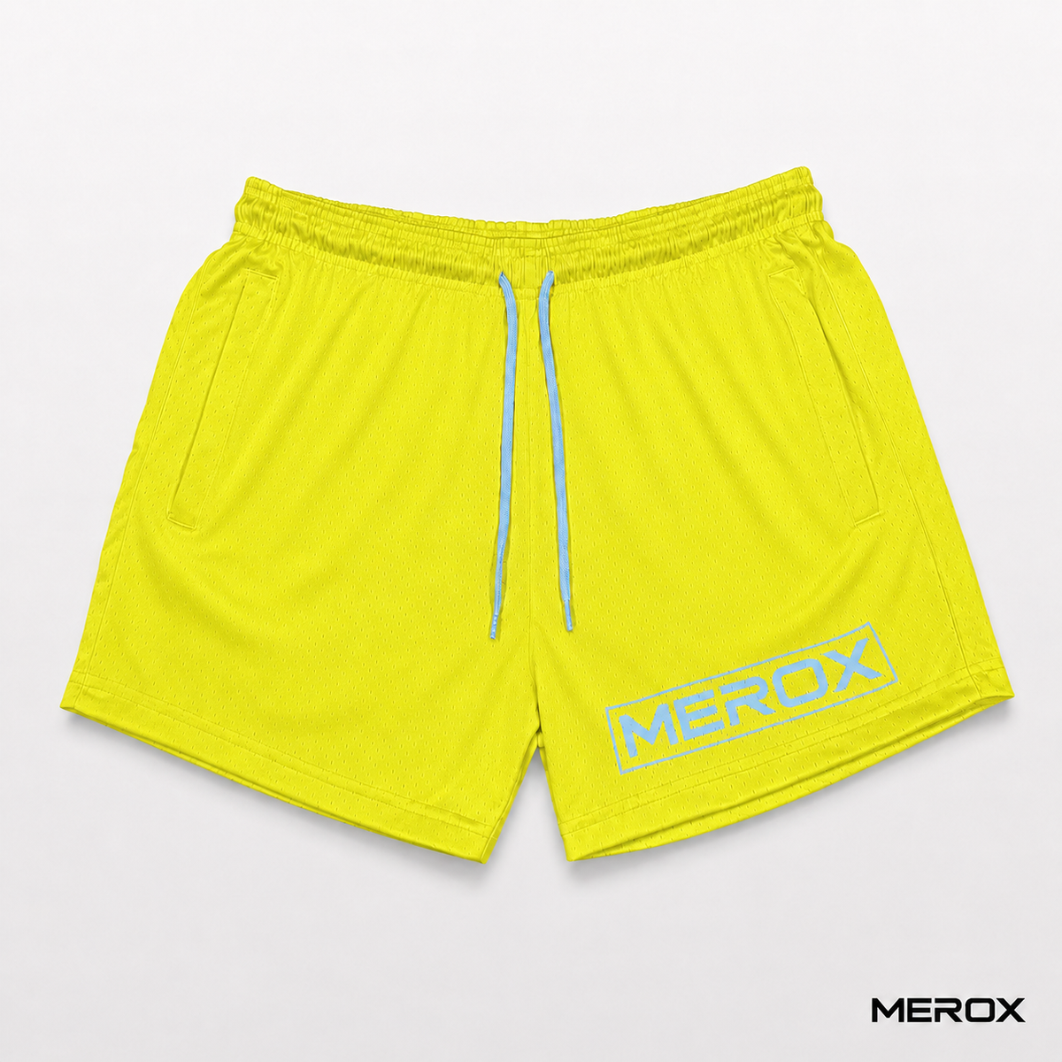 MEROX solid yellow 5-inch mesh shorts front view with light blue logo