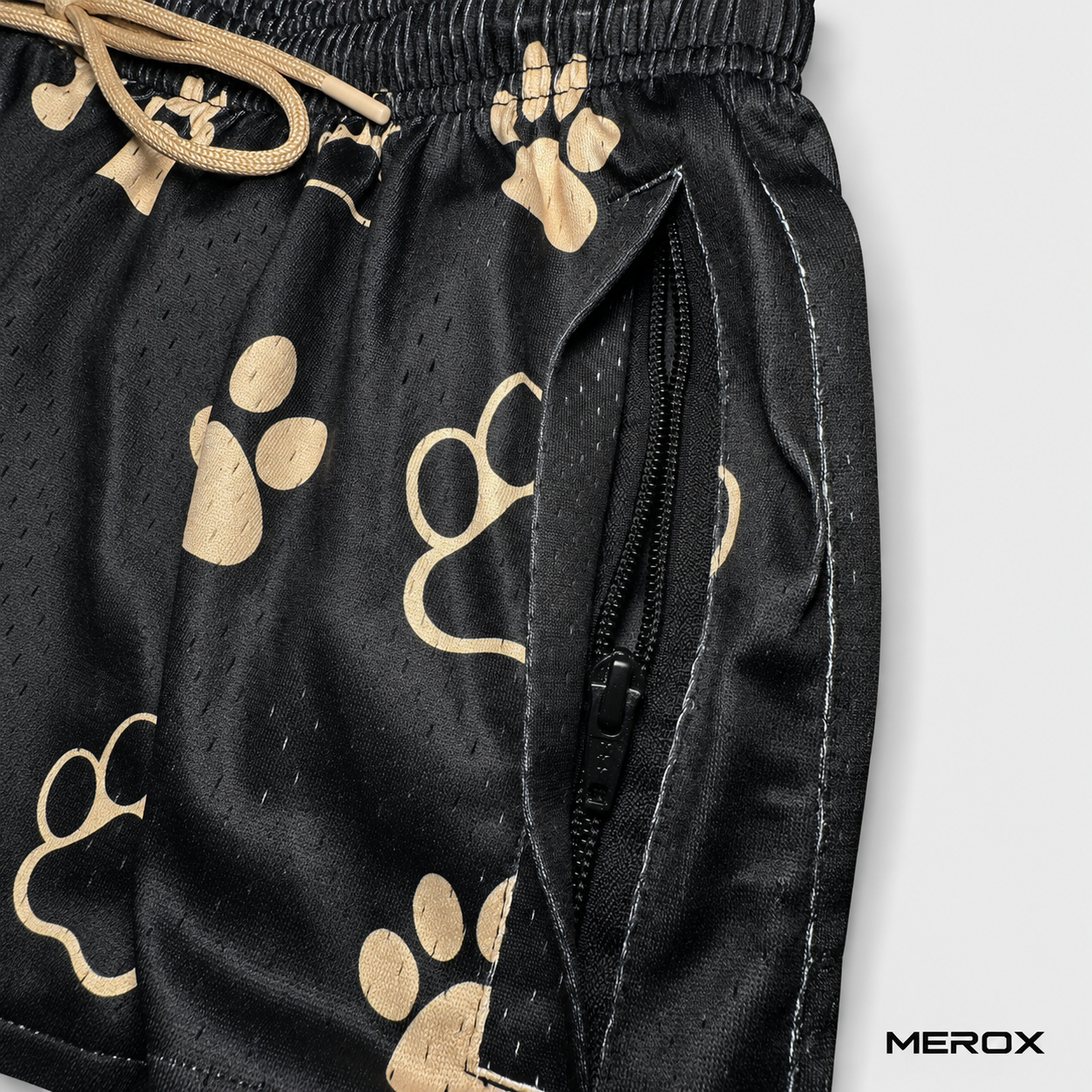 MEROX paw print mesh shorts zipper pocket and waistband detail