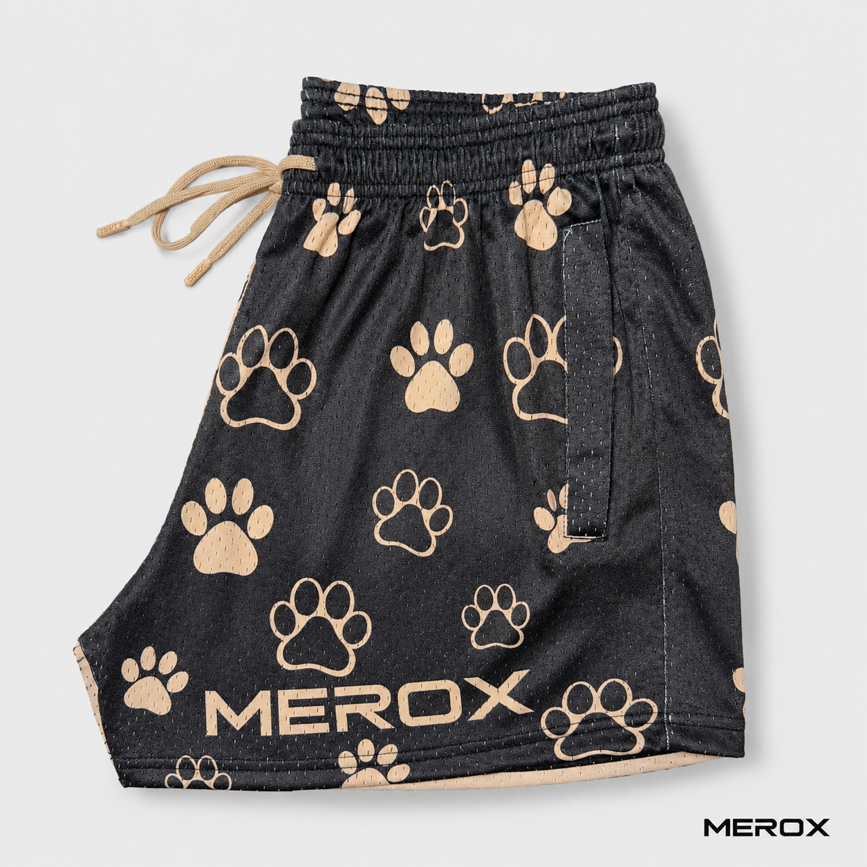 MEROX black paw print mesh shorts side view with zipper pocket