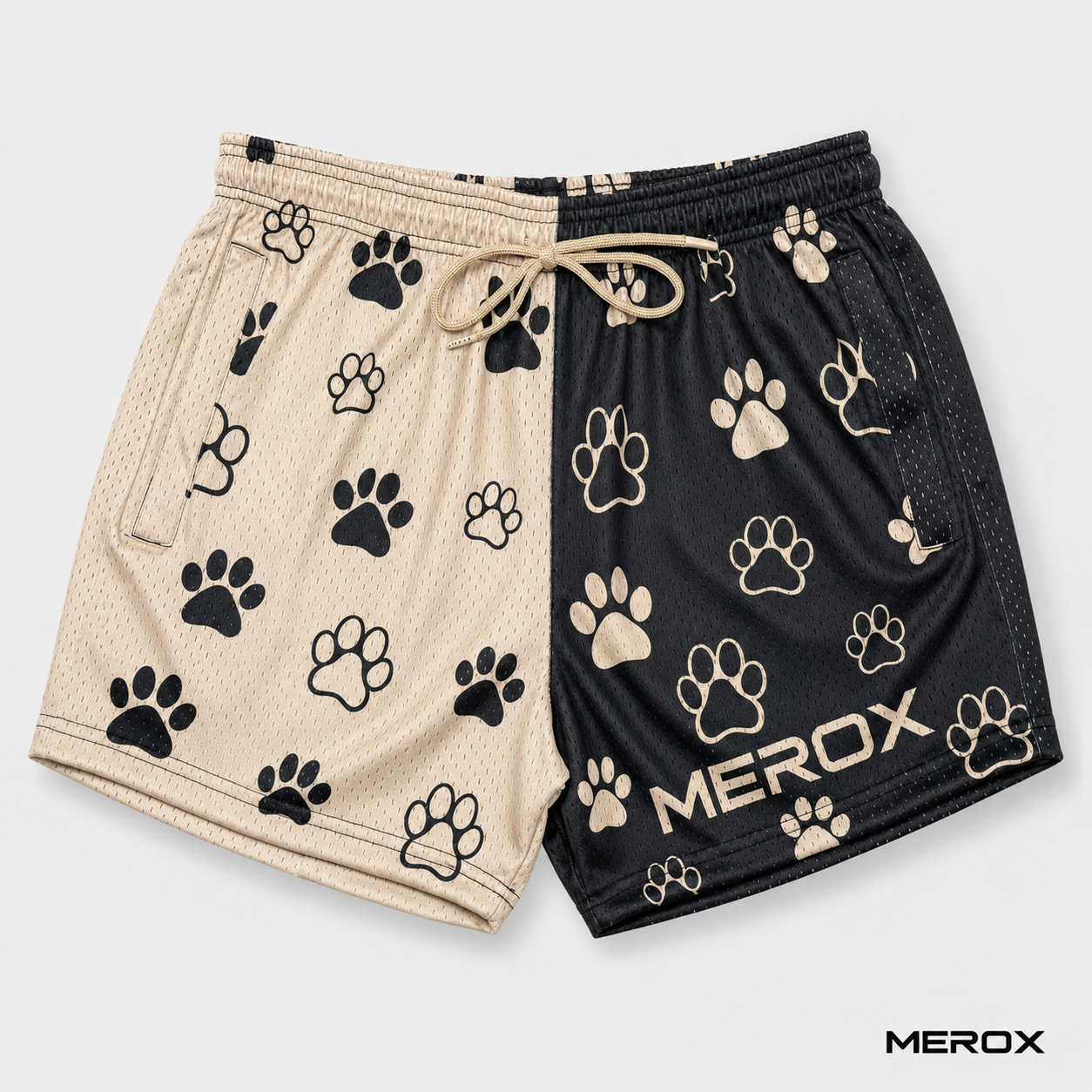 MEROX split tan and black paw print 5-inch mesh shorts front view
