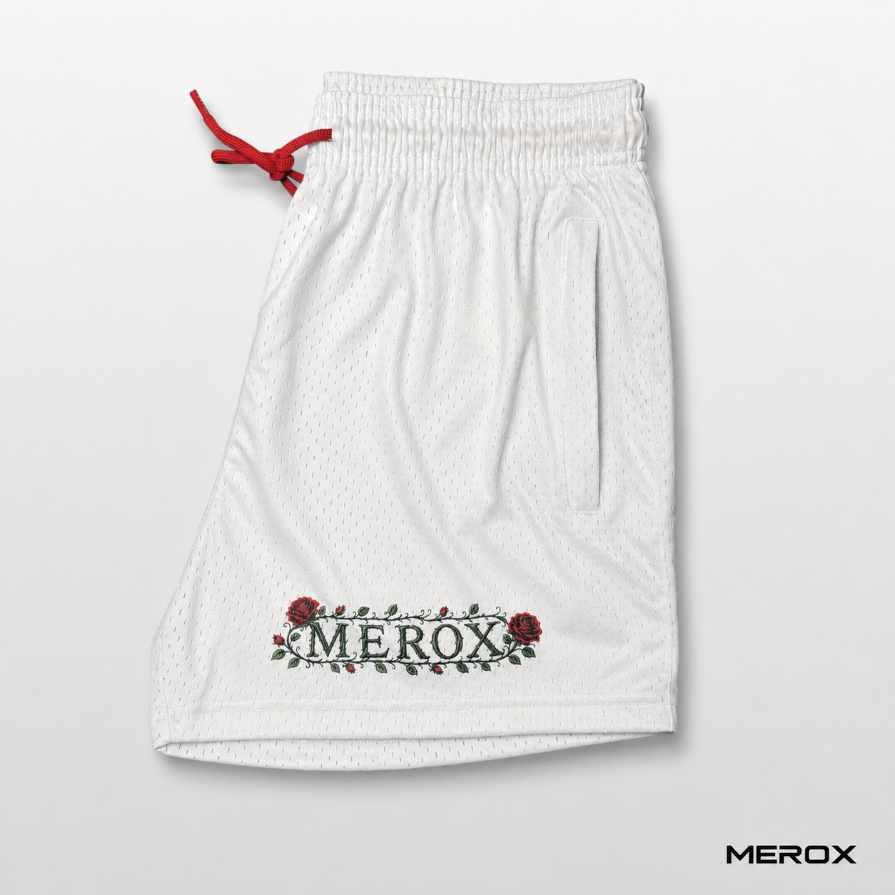 MEROX Split Rose mesh shorts close-up