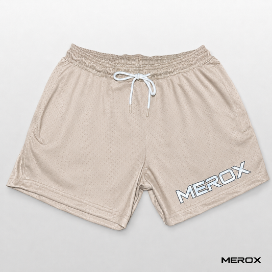 MEROX Tan 5-inch mesh shorts front view