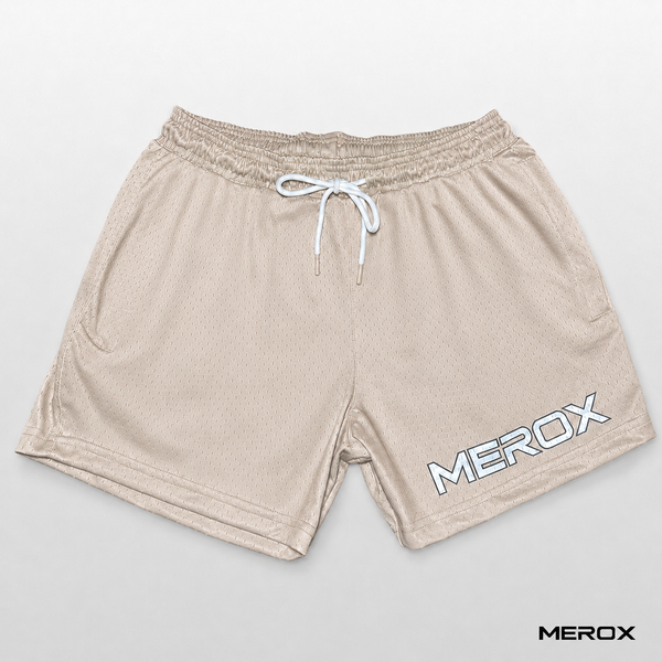MEROX Tan 5-inch mesh shorts front view