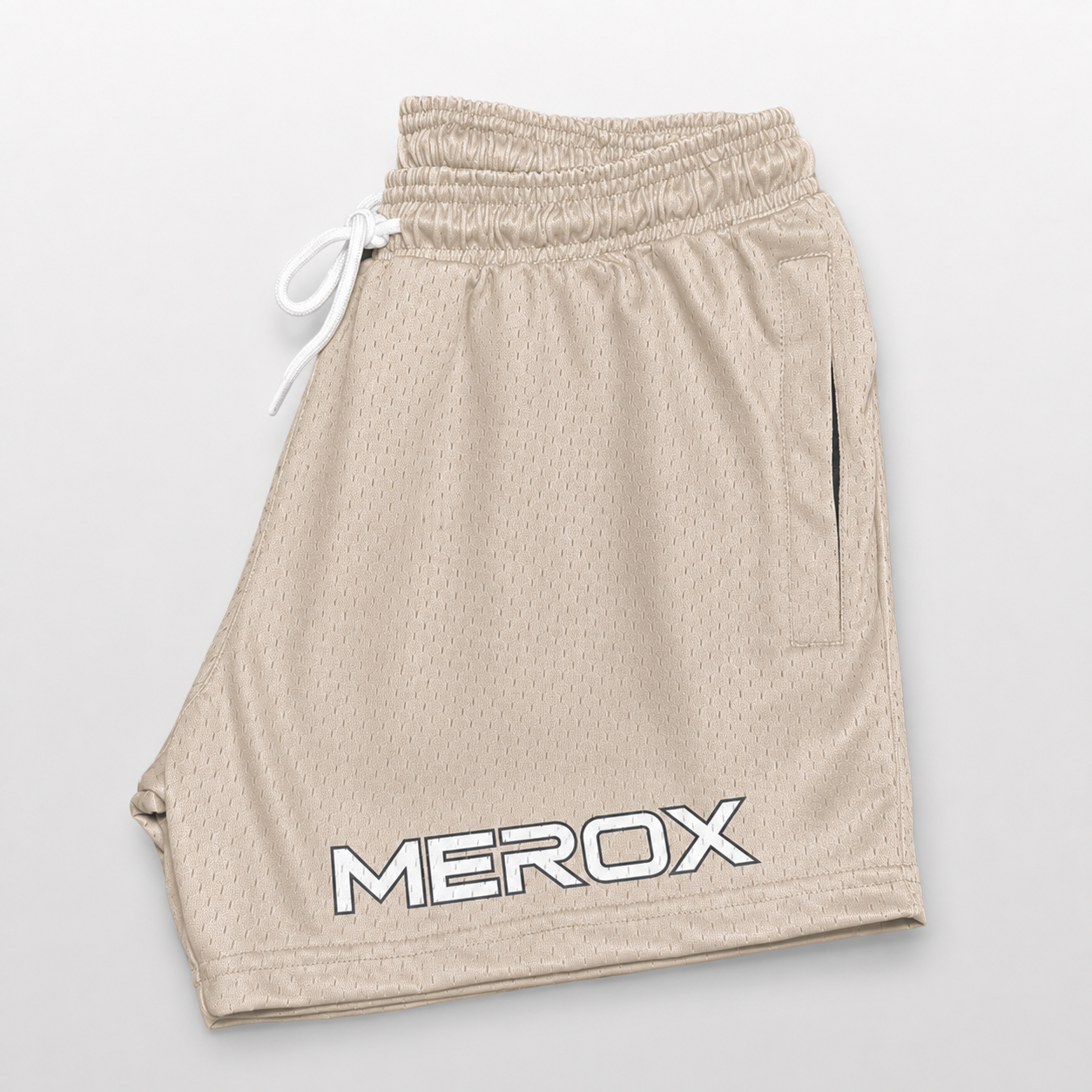 MEROX Tan mesh shorts side view with logo