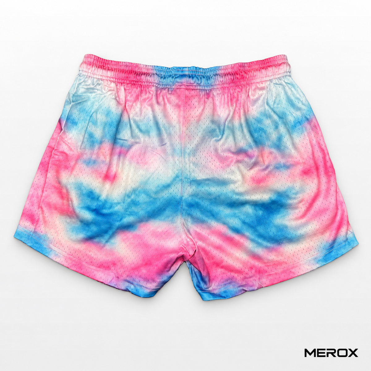 MEROX pink and blue tie-dye mesh shorts back view