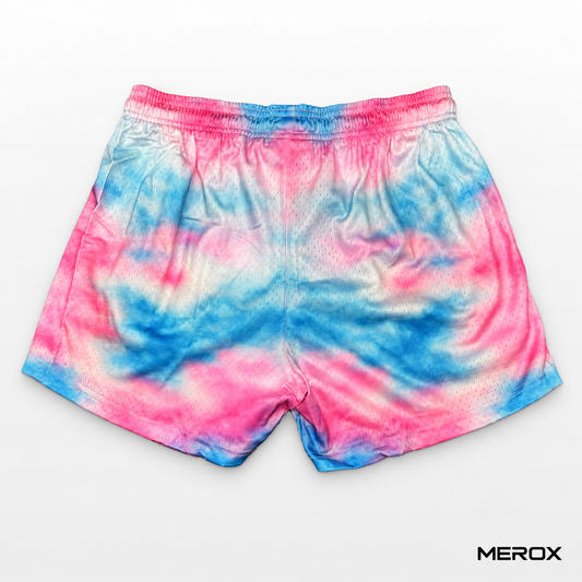 MEROX pink and blue tie-dye mesh shorts back view