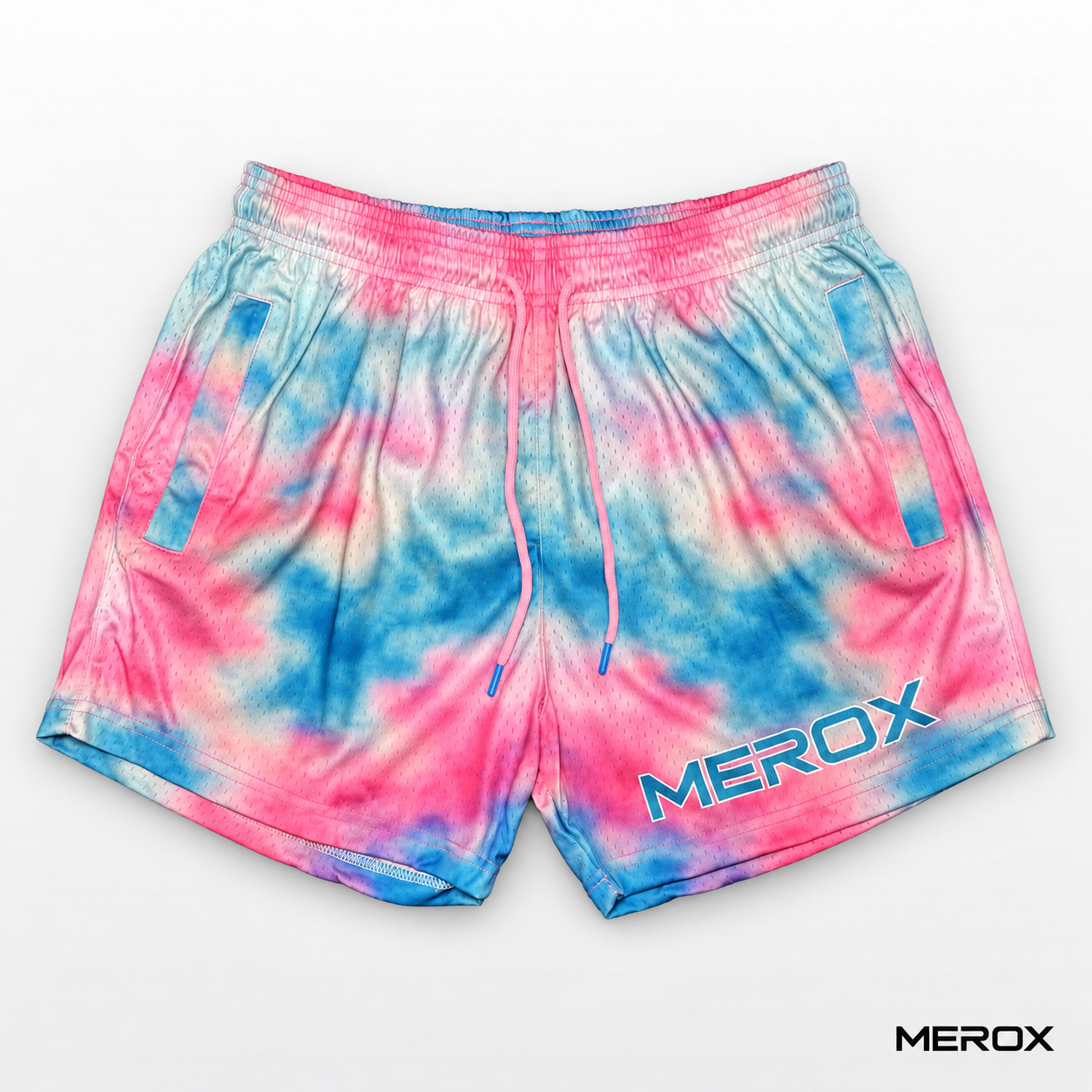 MEROX pink and blue tie-dye mesh gym shorts full front view