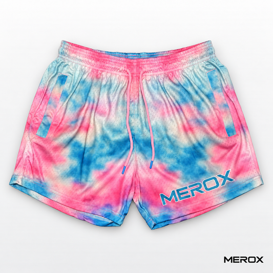 MEROX pink and blue tie-dye mesh gym shorts full front view