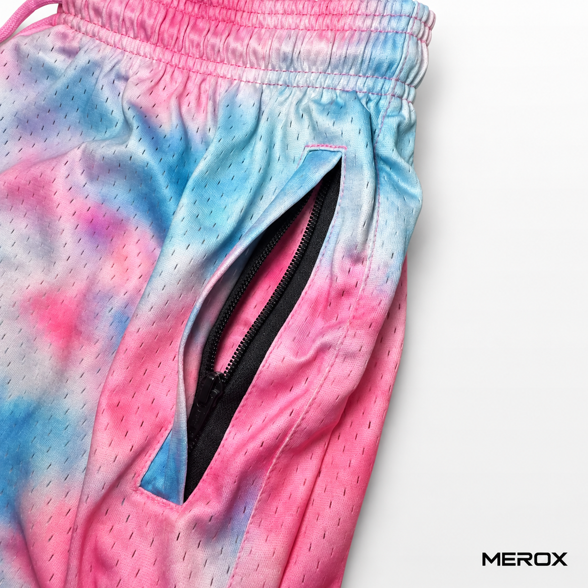 MEROX tie-dye mesh shorts secure zipper pocket detail