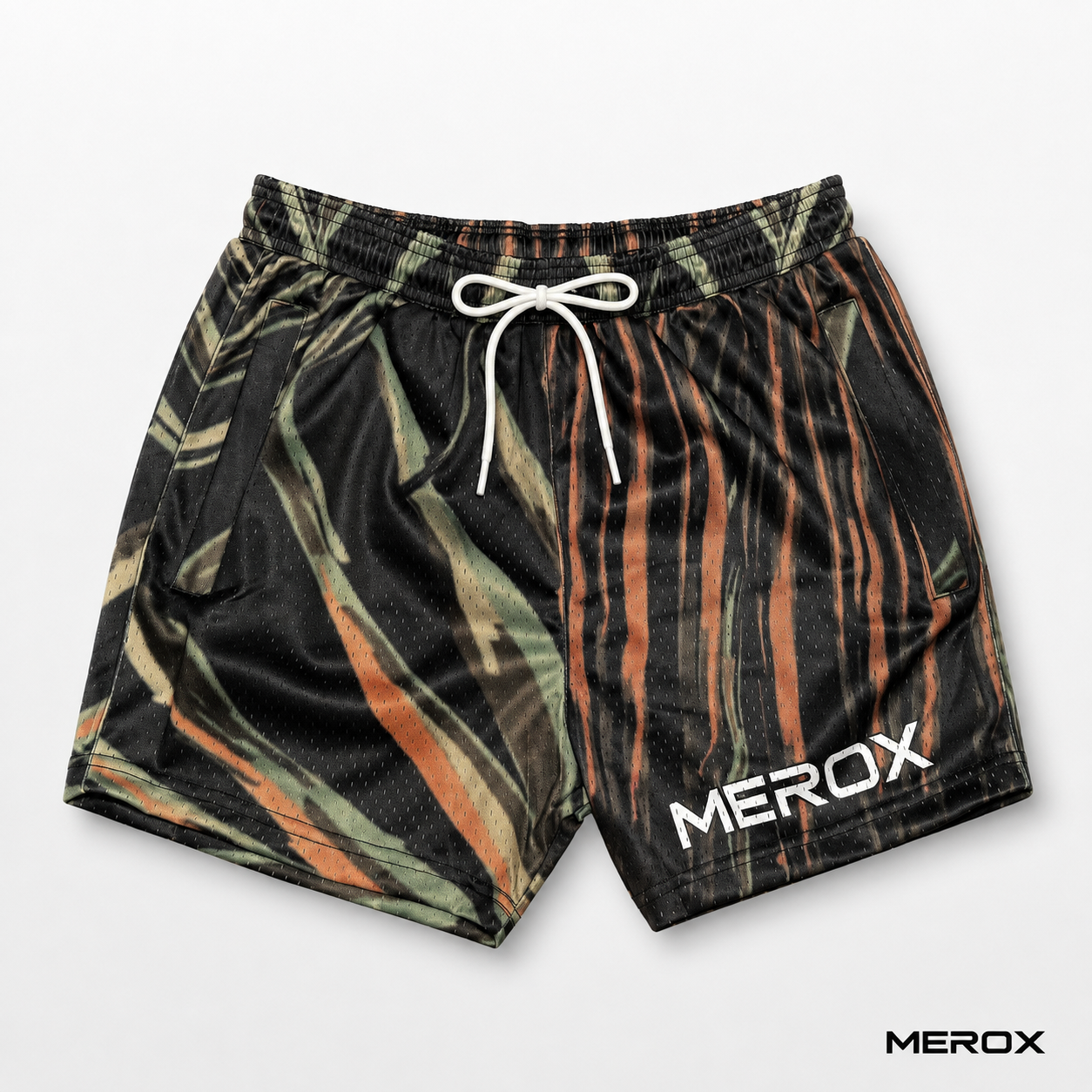 MEROX Tiger Camo 5-inch mesh shorts front