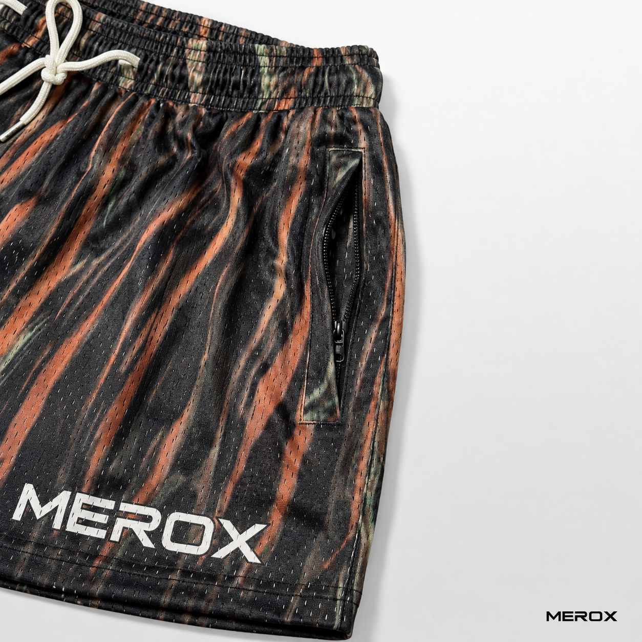 MEROX Tiger Camo mesh shorts zippered pocket detail