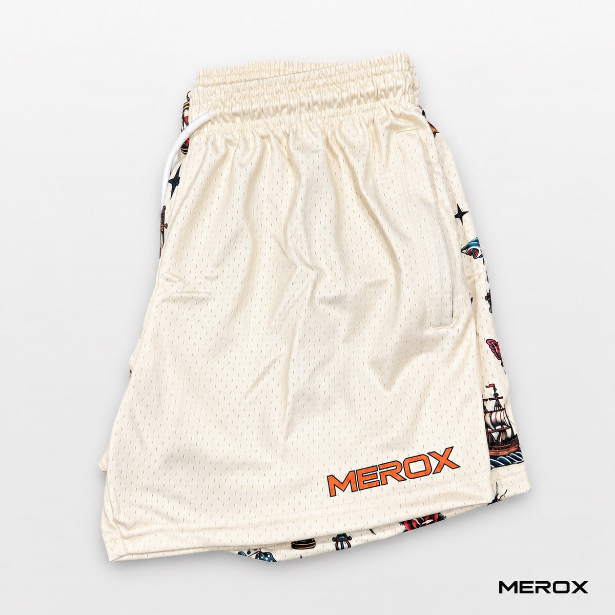MEROX Traditional Tattoo mesh shorts side view with zipper pocket