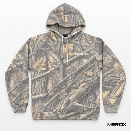 MEROX embroidered logo detail on Vintage Camo Hoodie