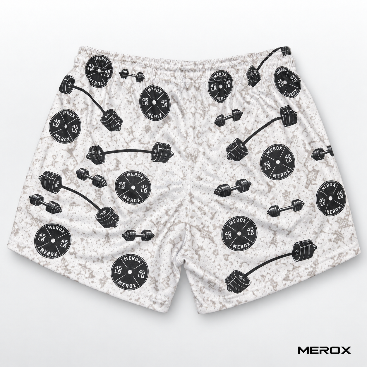 MEROX Weights 5-inch mesh shorts back view with barbell and plate print