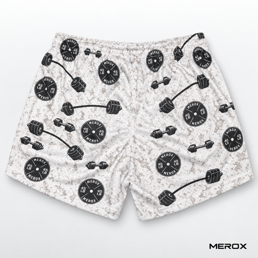 MEROX Weights 5-inch mesh shorts back view with barbell and plate print