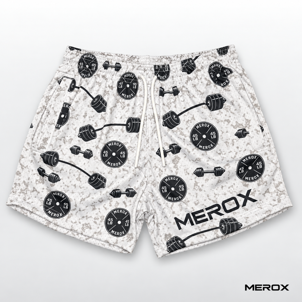 MEROX Weights 5-inch mesh shorts front view with dumbbell and weight plate pattern