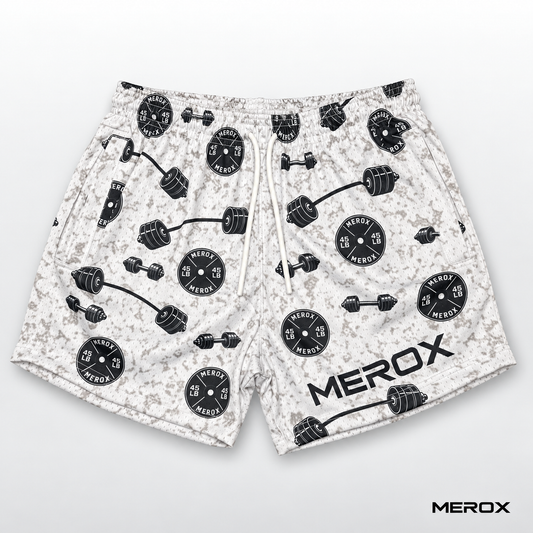 MEROX Weights 5-inch mesh shorts front view with dumbbell and weight plate pattern