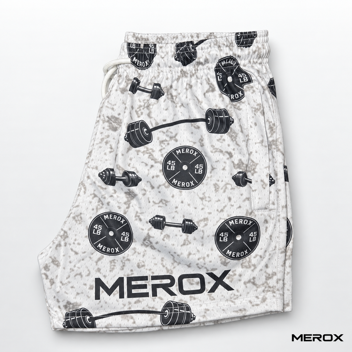 MEROX Weights mesh shorts side view showing athletic fit and logo