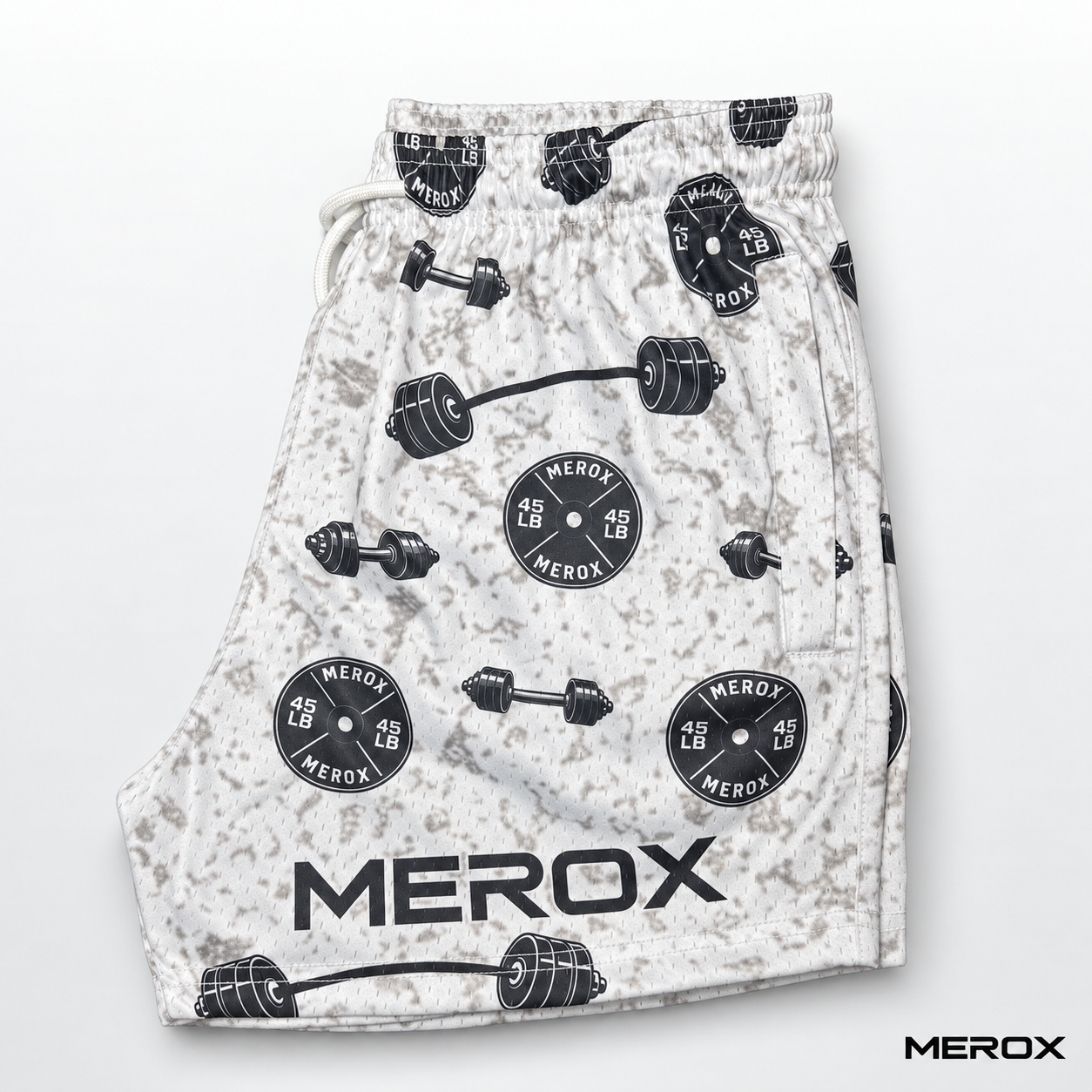 MEROX Weights mesh shorts side view showing athletic fit and logo