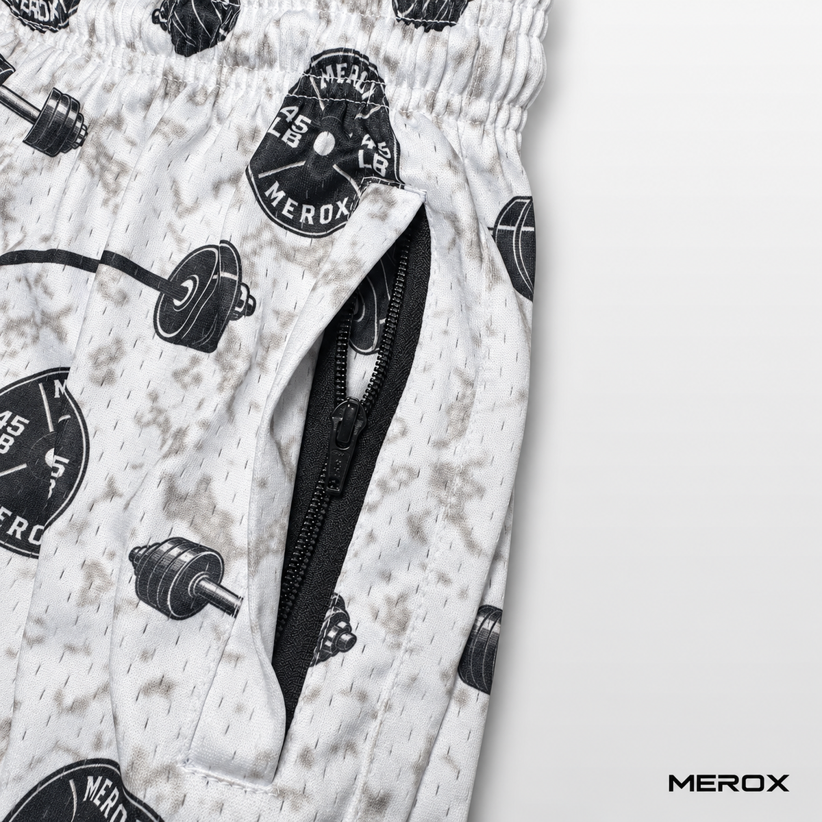 MEROX Weights mesh shorts close-up of secure zipper pocket and breathable mesh