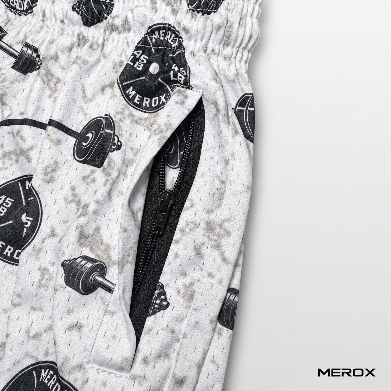 MEROX Weights mesh shorts close-up of secure zipper pocket and breathable mesh