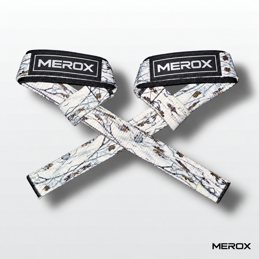 MEROX white arctic camo lifting straps crossed pair