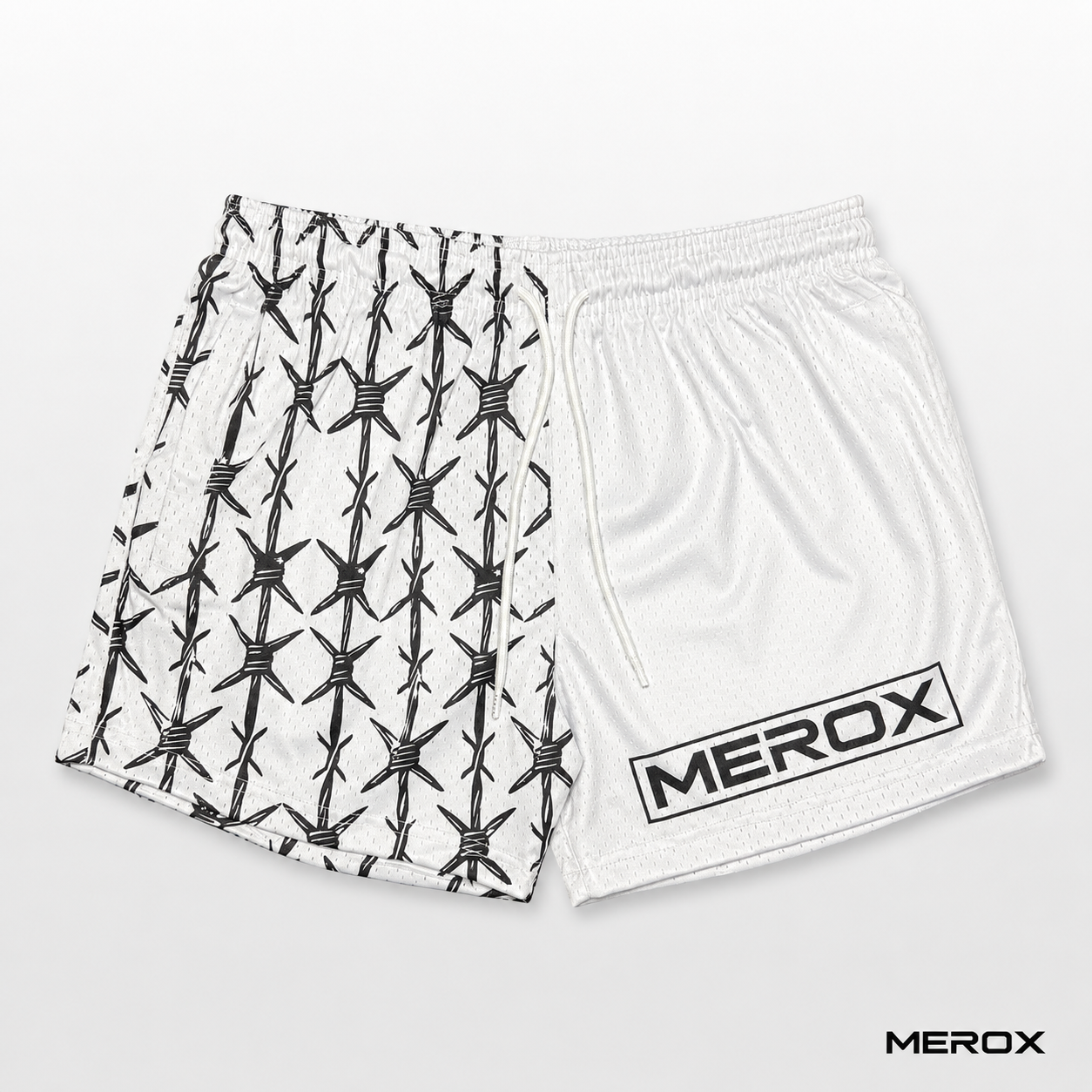 MEROX White Half Barbed Wire 5-inch mesh shorts front view