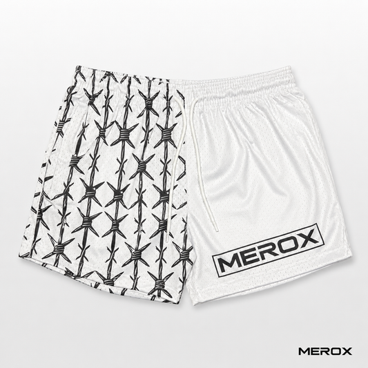 MEROX White Half Barbed Wire 5-inch mesh shorts front view
