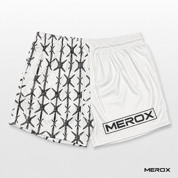 MEROX White Half Barbed Wire 5-inch mesh shorts front view