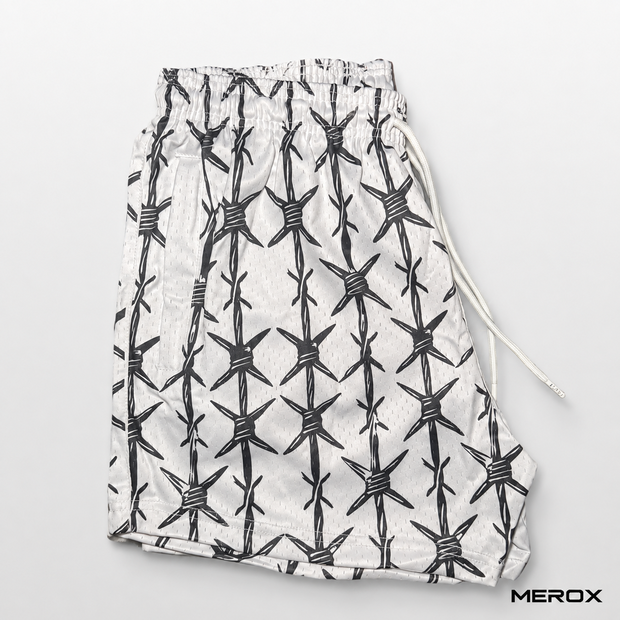 MEROX White Half Barbed Wire mesh shorts printed panel detail