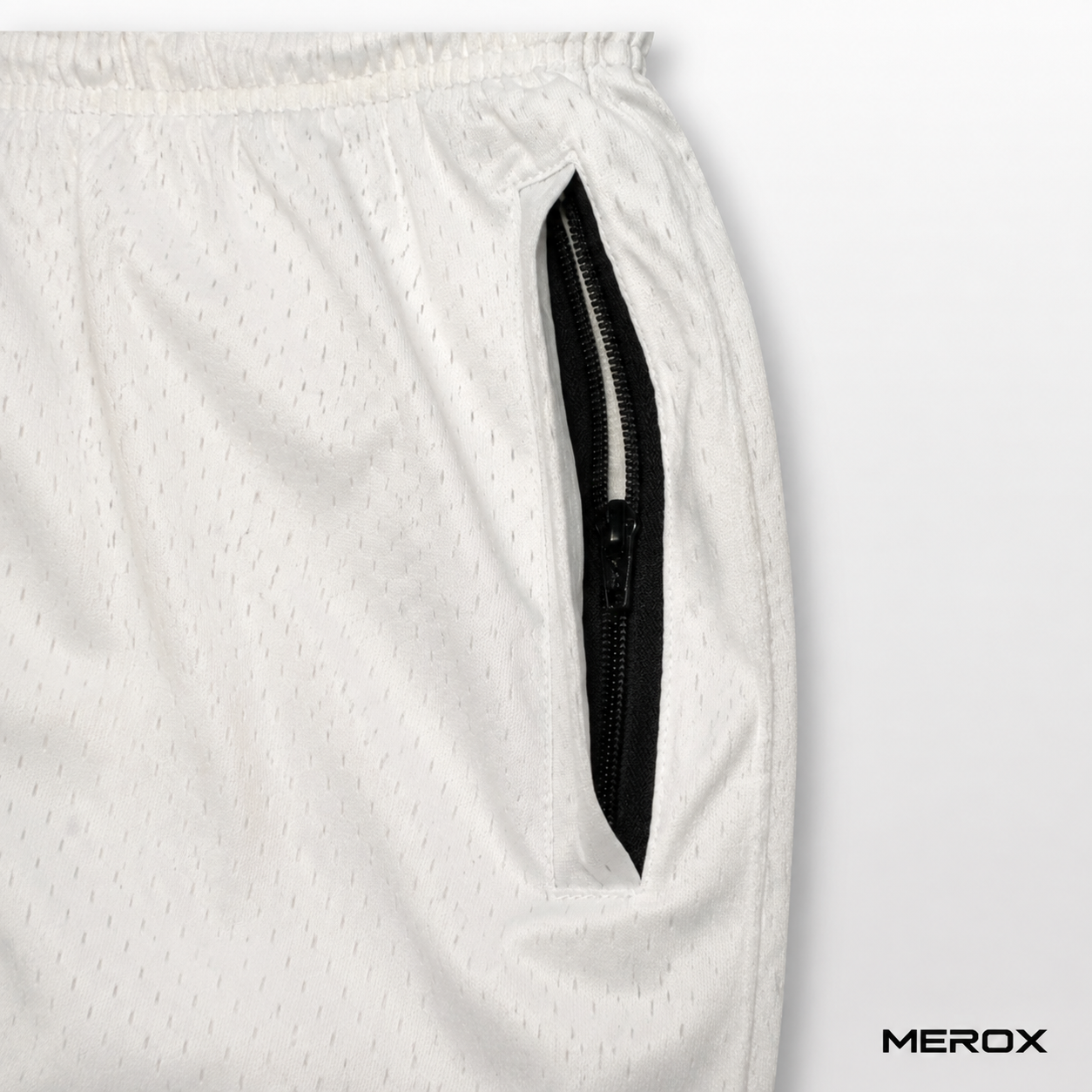MEROX White Half Barbed Wire shorts zipper pocket detail