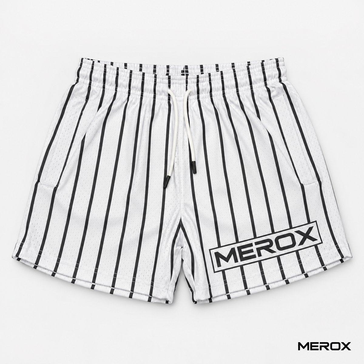 MEROX white pinstripe 5-inch mesh shorts front view