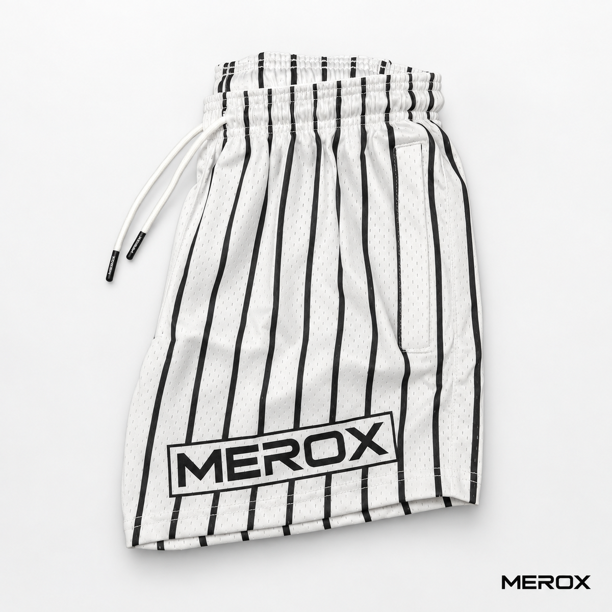MEROX white pinstripe mesh shorts side view with zipper pocket