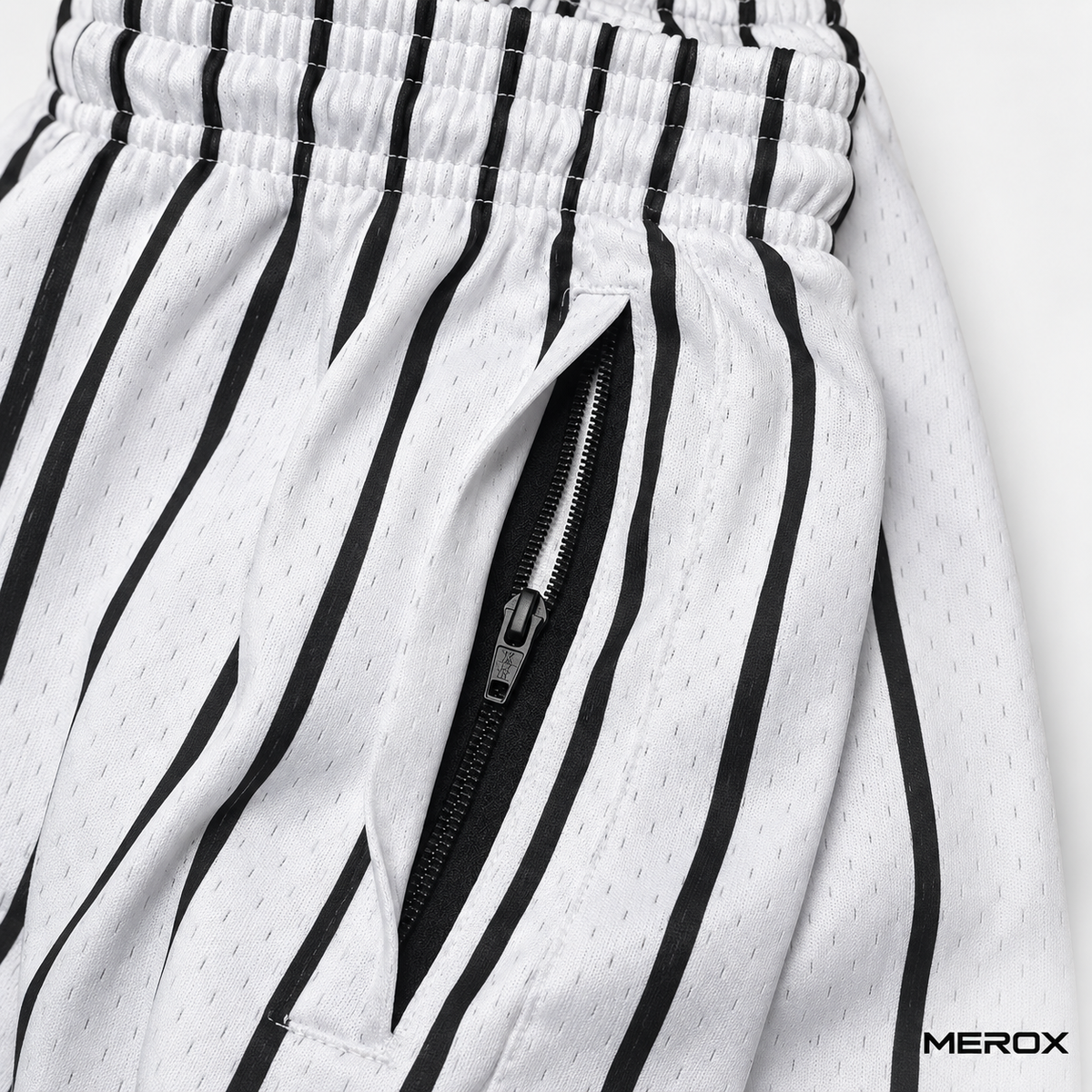 MEROX white pinstripe mesh shorts zipper pocket detail