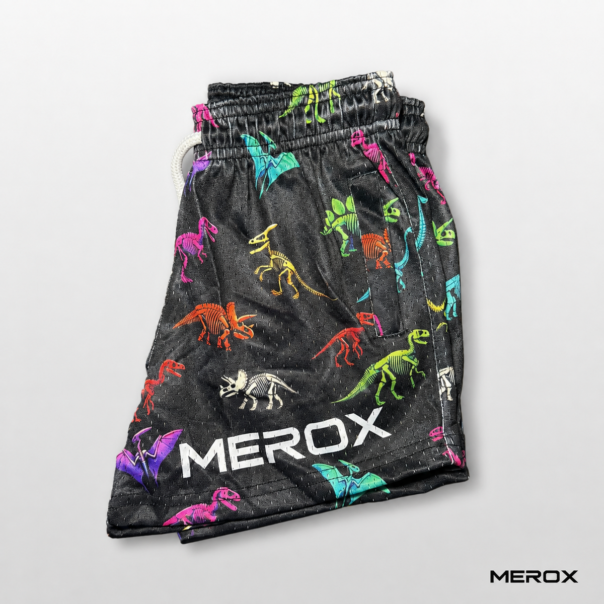 MEROX Youth Dinosaur Mesh Shorts side view with zipper pocket