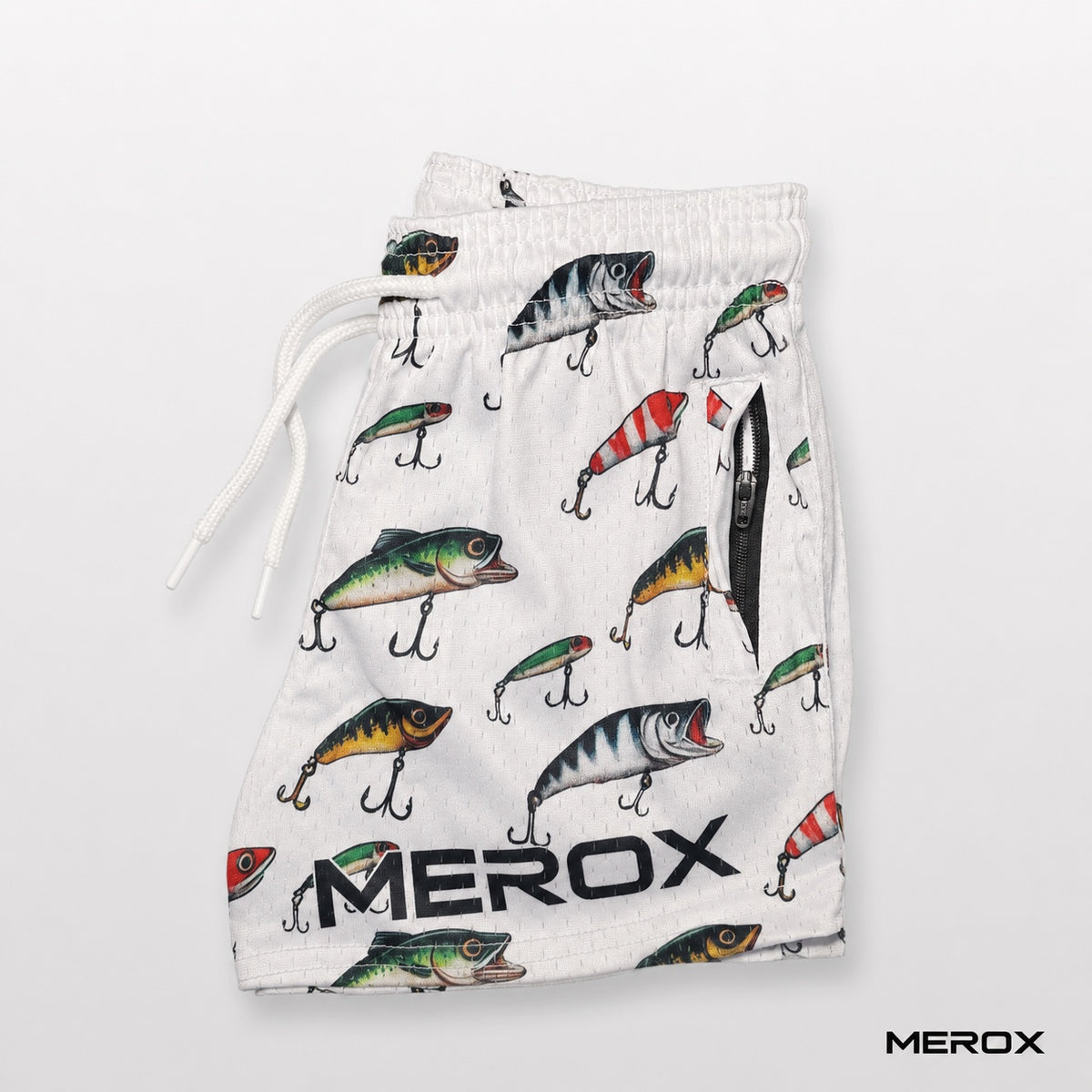MEROX Youth Fishing Lure Mesh Shorts side view with zipper pocket