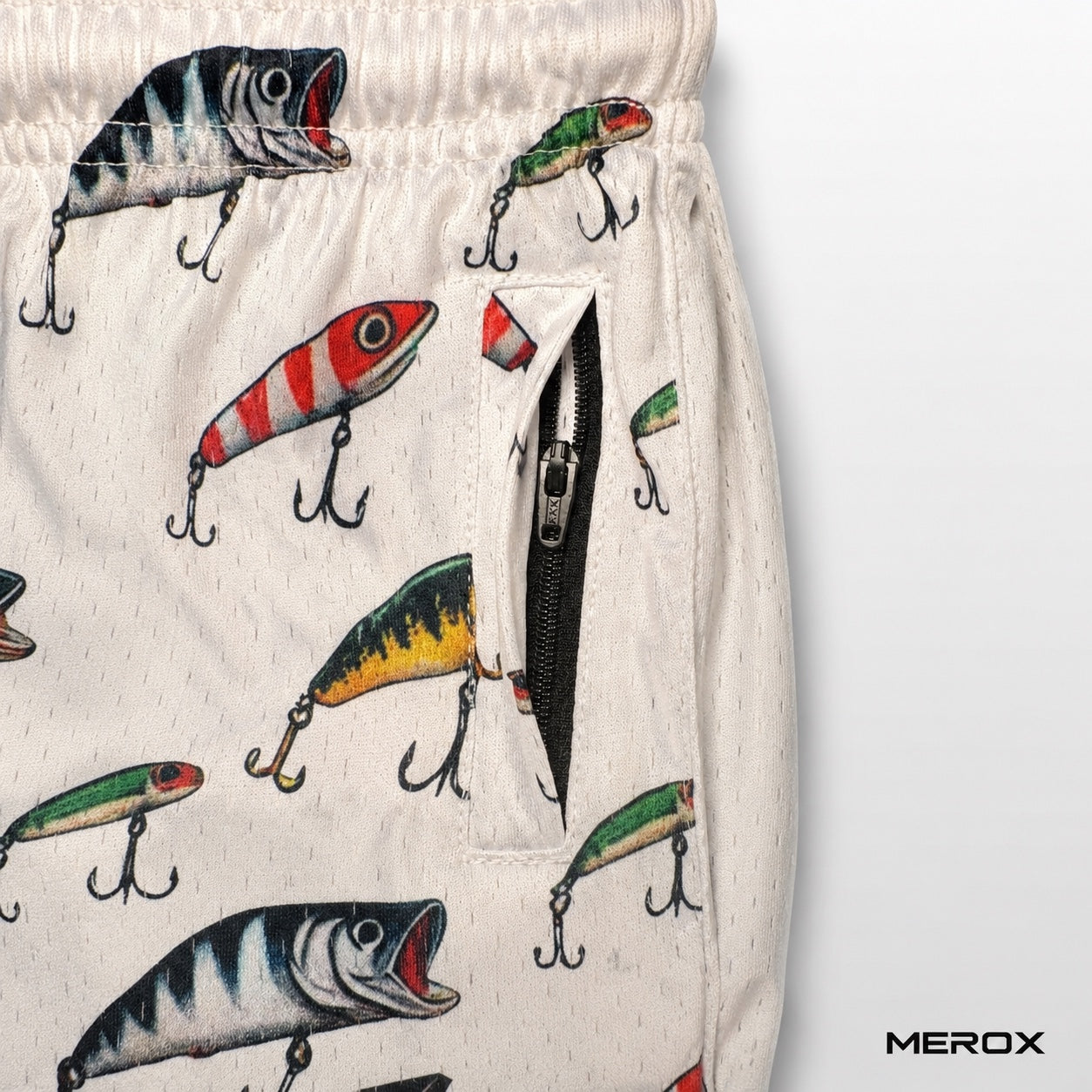 MEROX Youth Fishing Lure Mesh Shorts zipper pocket close-up