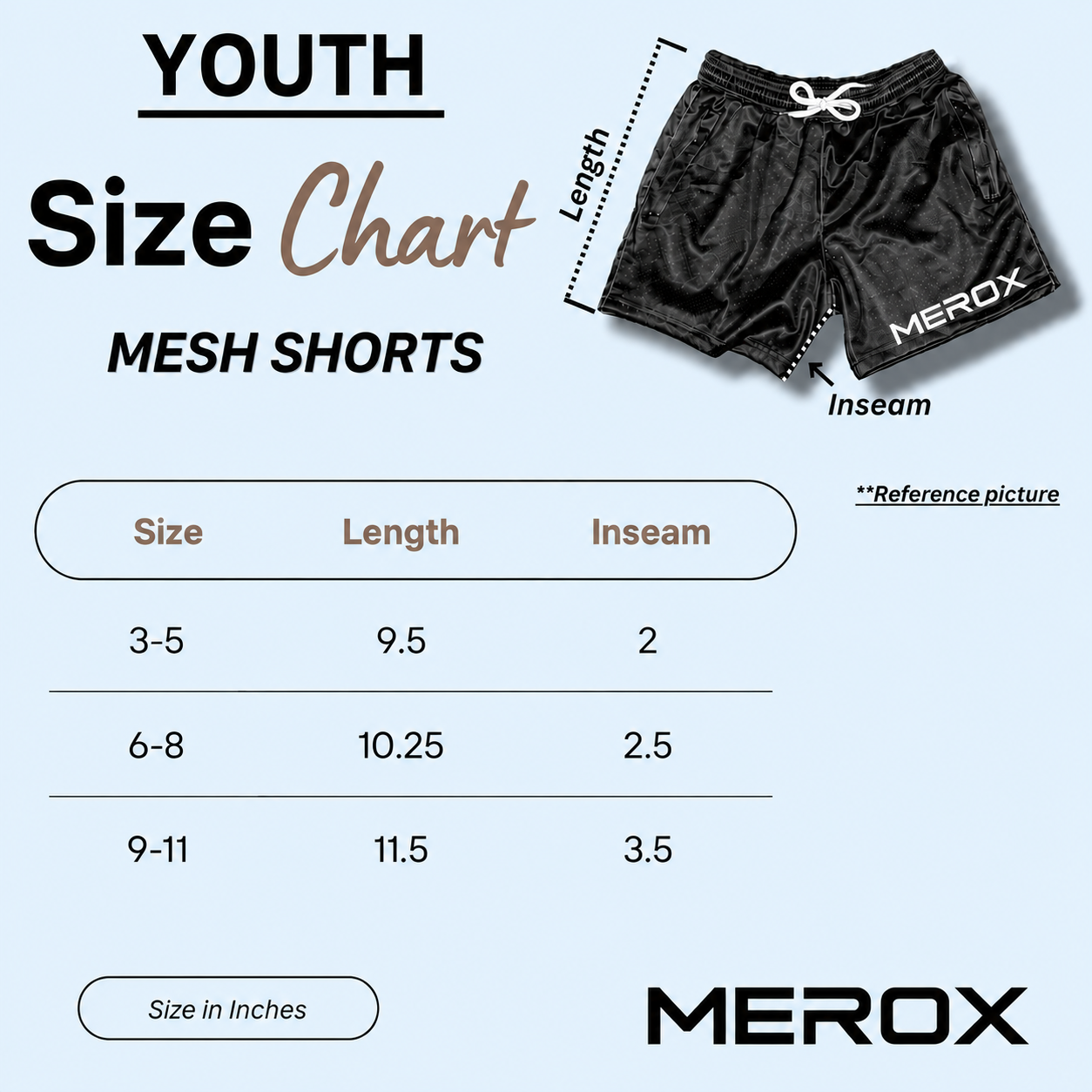 MEROX Youth mesh shorts size chart sizes 3-5 6-8 and 9-11